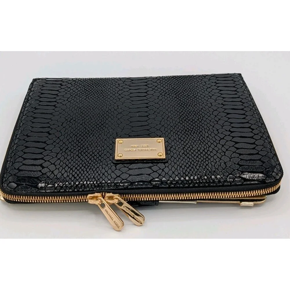 Michael Kors Black Python Embossed Zip Around iPad Folio Case Gold Hardware MK